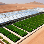 **Image Prompt 1:** A breathtaking panoramic shot of a vast, futuristic vertical farm or hydroponic greenhouse complex thriving in the heart of the Omani desert. Show a striking contrast between the surrounding arid, sandy landscape and the vibrant, lush greenery inside the high-tech facility. Include subtle elements like automated irrigation pipes, gleaming sensors, and perhaps a small, high-tech drone flying above, signifying precision agriculture. The overall mood should be one of innovation, abundance, and a successful transformation of the desert.