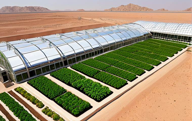 **Image Prompt 1:** A breathtaking panoramic shot of a vast, futuristic vertical farm or hydroponic greenhouse complex thriving in the heart of the Omani desert. Show a striking contrast between the surrounding arid, sandy landscape and the vibrant, lush greenery inside the high-tech facility. Include subtle elements like automated irrigation pipes, gleaming sensors, and perhaps a small, high-tech drone flying above, signifying precision agriculture. The overall mood should be one of innovation, abundance, and a successful transformation of the desert.
