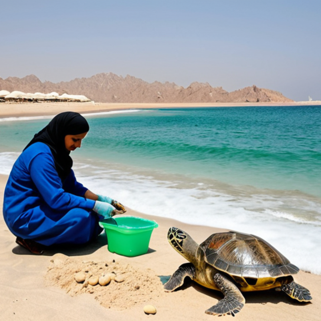Omani Sea Turtle Conservation**
"A daytime scene at Ras Al Jinz Turtle Reserve, Oman. Volunteers wearing practical, modest clothing are carefully monitoring a Green Sea Turtle laying eggs on the beach. The beach is clean, with minimal human impact visible. Background: Arabian Gulf coastline under a clear sky. Focus on conservation efforts. Fully clothed, appropriate content, safe for work, professional photography, perfect anatomy, natural proportions, educational, family-friendly."
**