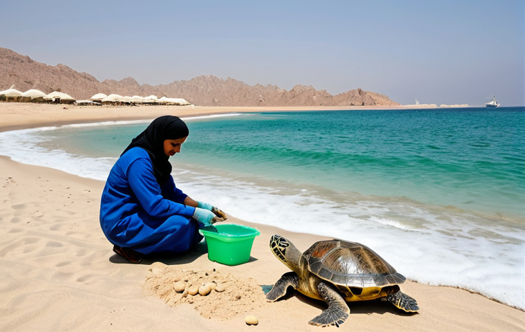 Omani Sea Turtle Conservation**
"A daytime scene at Ras Al Jinz Turtle Reserve, Oman. Volunteers wearing practical, modest clothing are carefully monitoring a Green Sea Turtle laying eggs on the beach. The beach is clean, with minimal human impact visible. Background: Arabian Gulf coastline under a clear sky. Focus on conservation efforts. Fully clothed, appropriate content, safe for work, professional photography, perfect anatomy, natural proportions, educational, family-friendly."
**
