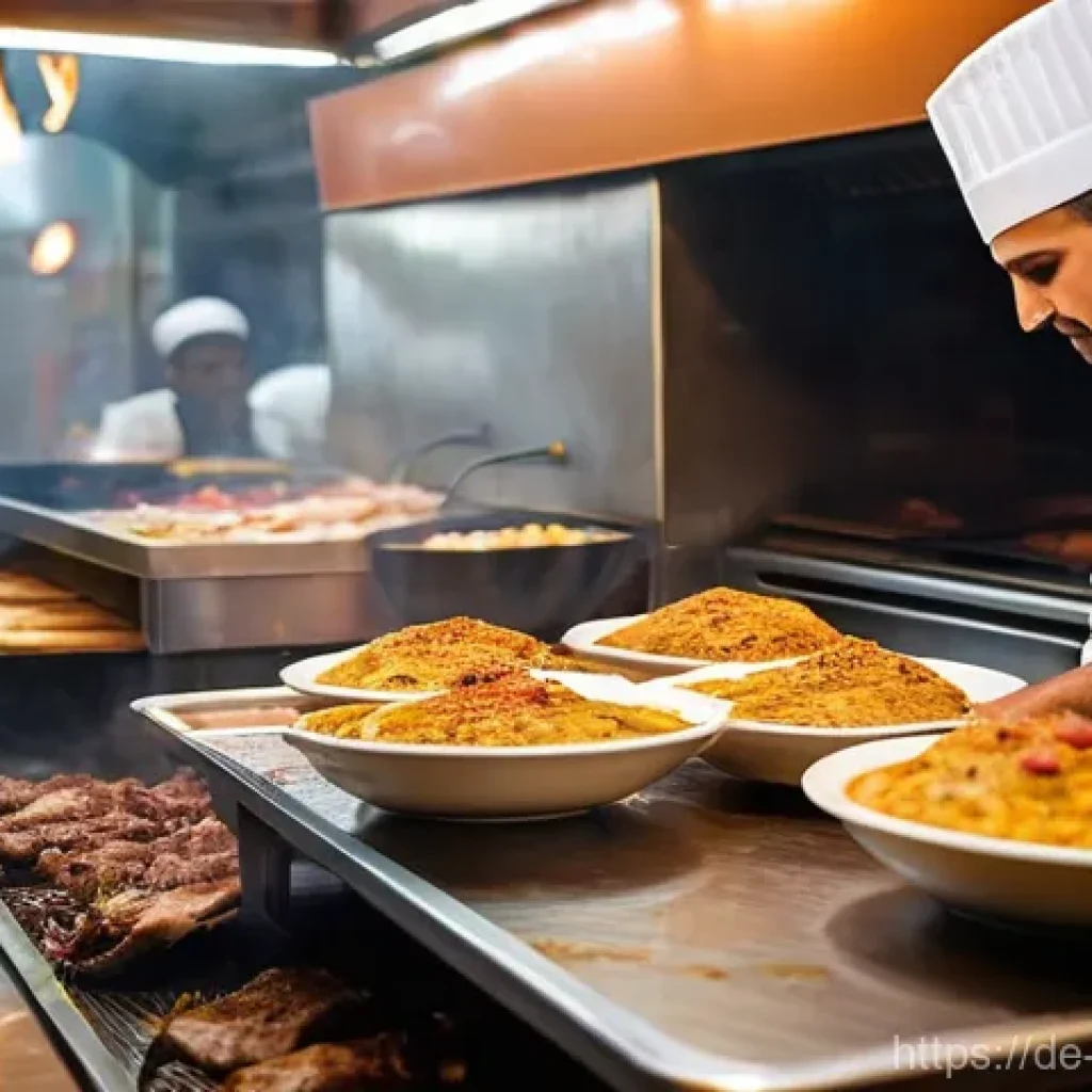 오만 전통 음식 샤와르마 - **Omani Shawarma Master at Work:** A highly detailed image capturing a skilled Omani chef, modestly ...