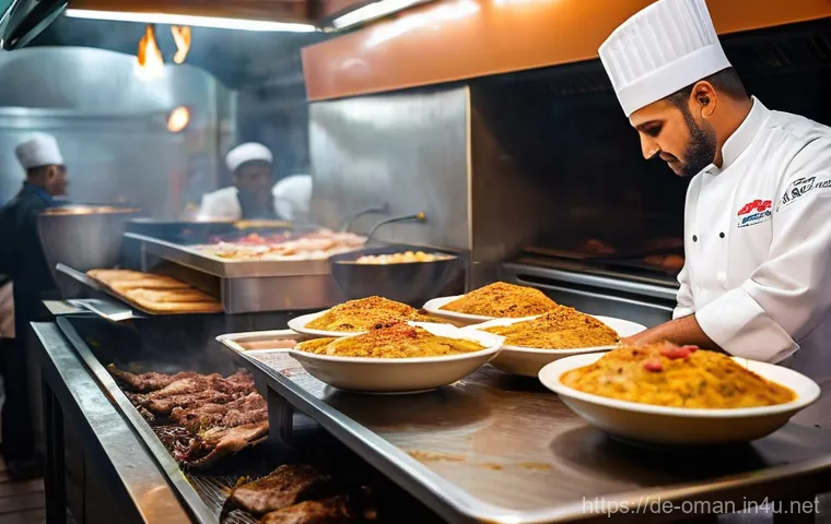 오만 전통 음식 샤와르마 - **Omani Shawarma Master at Work:** A highly detailed image capturing a skilled Omani chef, modestly ...