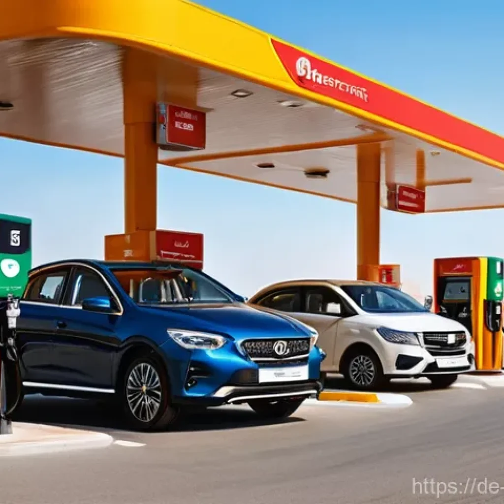 오만의 고속도로 통행료 - 24 OMR/Liter." The background features other parked cars and the clean, functional architecture of t...