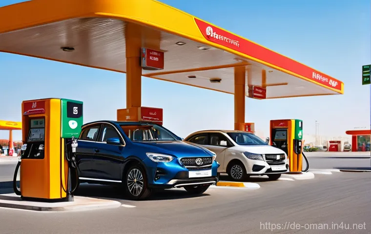 오만의 고속도로 통행료 - 24 OMR/Liter." The background features other parked cars and the clean, functional architecture of t...