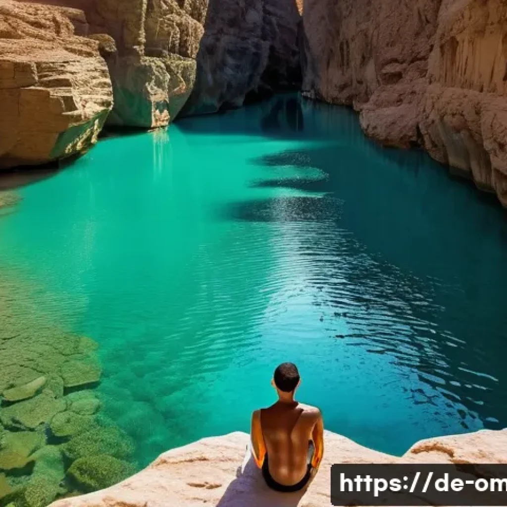 오만의 지정 생태 관광지 - **A tranquil and majestic scene within a hidden wadi in Oman, reminiscent of Wadi Shab.** Crystal-cl...