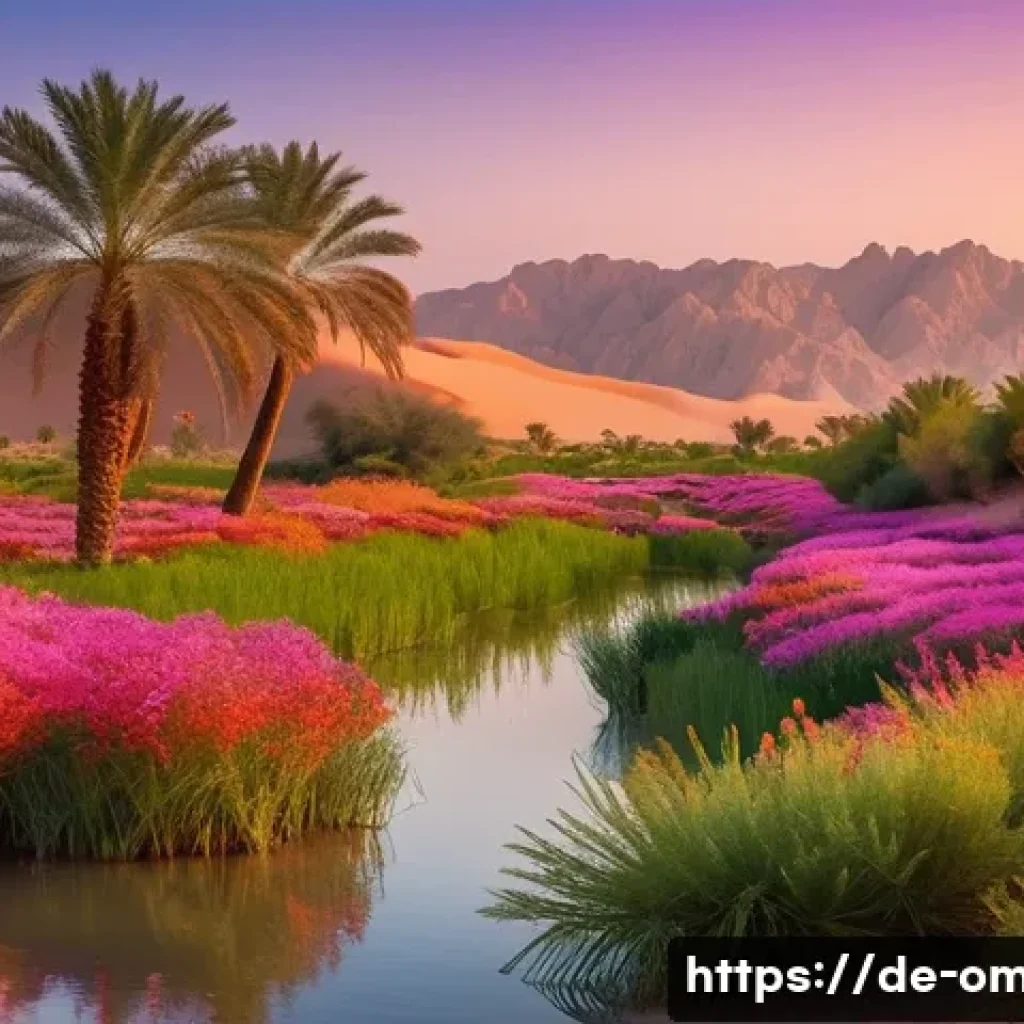 오만의 아라비아 오아시스 체험 - A vibrant desert oasis in Oman at sunset, featuring golden sand dunes surrounding a lush green palm ...