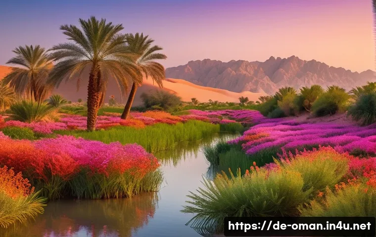 오만의 아라비아 오아시스 체험 - A vibrant desert oasis in Oman at sunset, featuring golden sand dunes surrounding a lush green palm ...