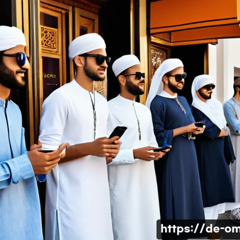 오만 청소년 문화 - A vibrant street scene in Muscat featuring young Omani men and women blending traditional and modern...