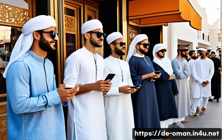 오만 청소년 문화 - A vibrant street scene in Muscat featuring young Omani men and women blending traditional and modern...