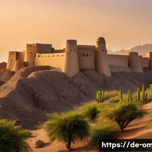오만 유네스코 지정 유산 - A panoramic view of the 17th-century Bahla Fort in Oman at golden hour, showcasing its massive mudbr...