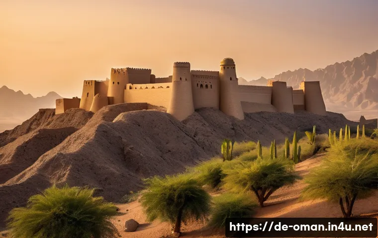 오만 유네스코 지정 유산 - A panoramic view of the 17th-century Bahla Fort in Oman at golden hour, showcasing its massive mudbr...