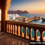 오만의 역사적 지도자들 - A detailed historical scene depicting a medieval Omani sultan standing on the balcony of a grand coa...