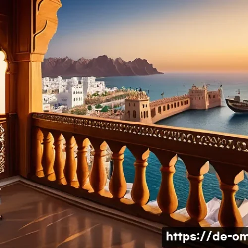 오만의 역사적 지도자들 - A detailed historical scene depicting a medieval Omani sultan standing on the balcony of a grand coa...