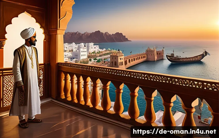 오만의 역사적 지도자들 - A detailed historical scene depicting a medieval Omani sultan standing on the balcony of a grand coa...
