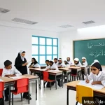 오만의 어린이 교육 체계 - A vibrant Omani classroom scene showing a diverse group of schoolchildren aged around 10-12, wearing...