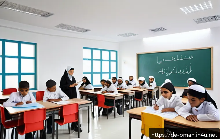 오만의 어린이 교육 체계 - A vibrant Omani classroom scene showing a diverse group of schoolchildren aged around 10-12, wearing...