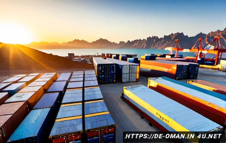 오만의 수출품 및 무역 - Photorealistic wide-angle view of a modern cargo port in Oman at sunrise, stacked shipping container...