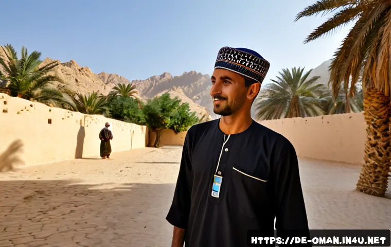 오만의 지역별 방언 - Photorealistic documentary-style scene in Oman: two adult Omani men in clean traditional dishdashas ...